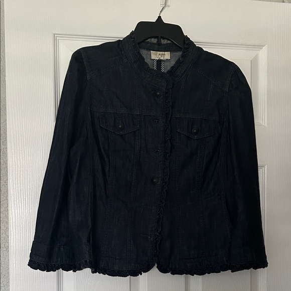 LOFT Dark Indigo  Jean Jacket with Ruffle Trim - Picture 2 of 4